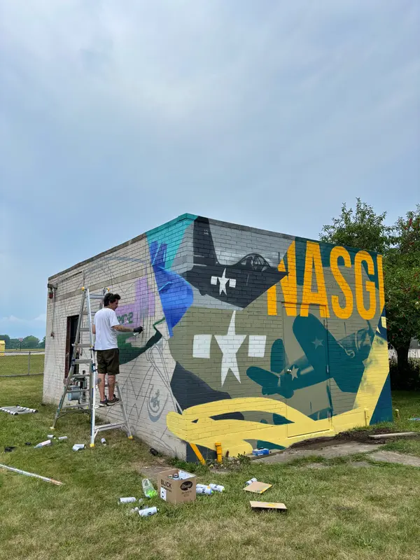 Echoes Over Grosse Ile mural by Wetiko, behind the scenes, photo 3